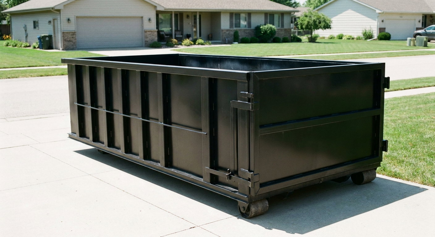 Matte-black 10-yard roll-off dumpster on a residential concrete driveway in Chapel Hill, uniformly painted matte black across every panel and rail, ribbed steel sidewalls and rear swing door visible, mid-day daylight.