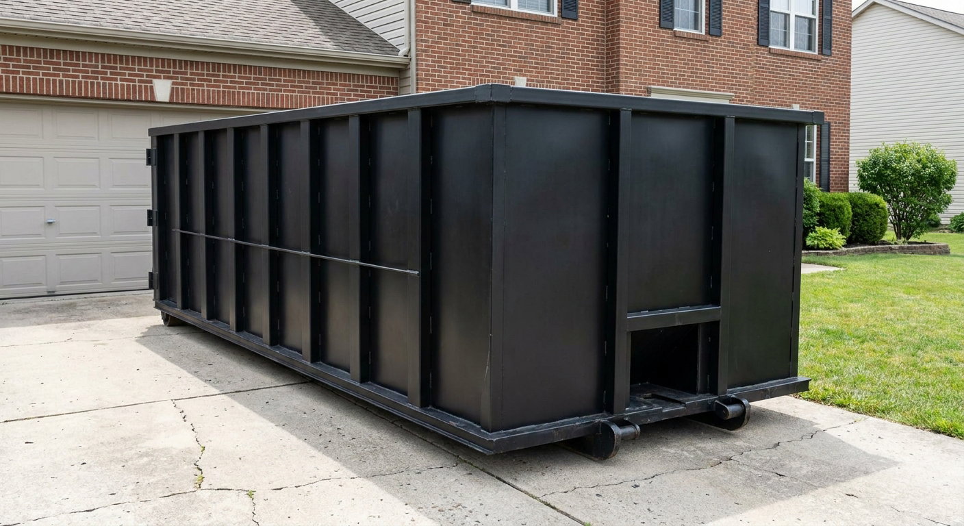 Matte-black 20-yard roll-off container on a Chapel Hill residential concrete driveway with reinforced ribbed steel sidewalls and a hinged rear walk-in door, clean bright daylight.