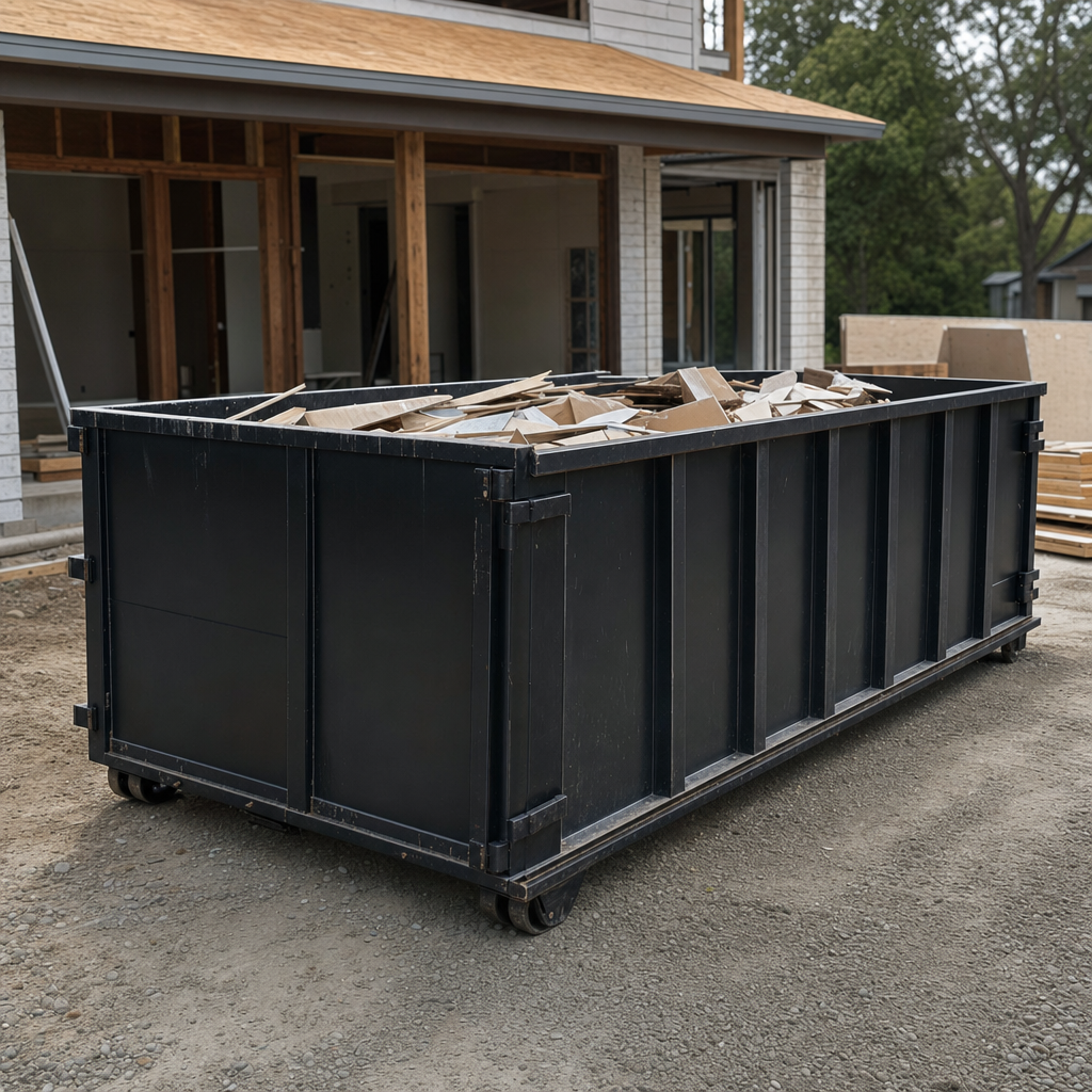 Large matte-black 30-yard construction roll-off dumpster at an active Chapel Hill jobsite, steel-gray top rails and bottom rollers visible, loaded with construction debris.