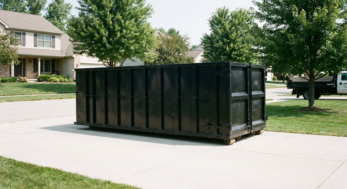 Matte-black 20-yard roll-off dumpster sitting level on a clean Chapel Hill residential concrete driveway under bright daylight, demonstrating clean placement directly on the concrete.