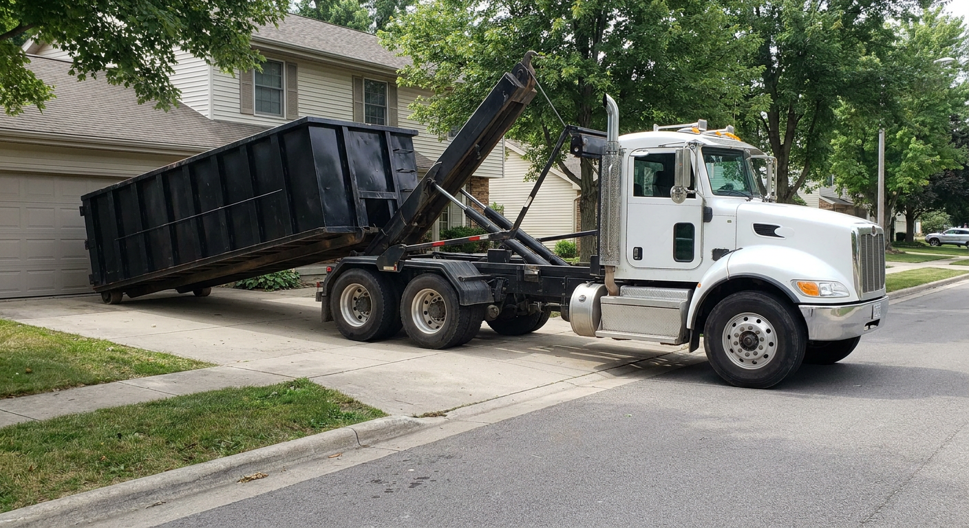White-cab hooklift roll-off truck actively lowering a matte-black dumpster onto a Chapel Hill residential concrete driveway, the dumpster's rear wheels touching the driveway as the hoist arm tilts the bed forward, mid-morning daylight.