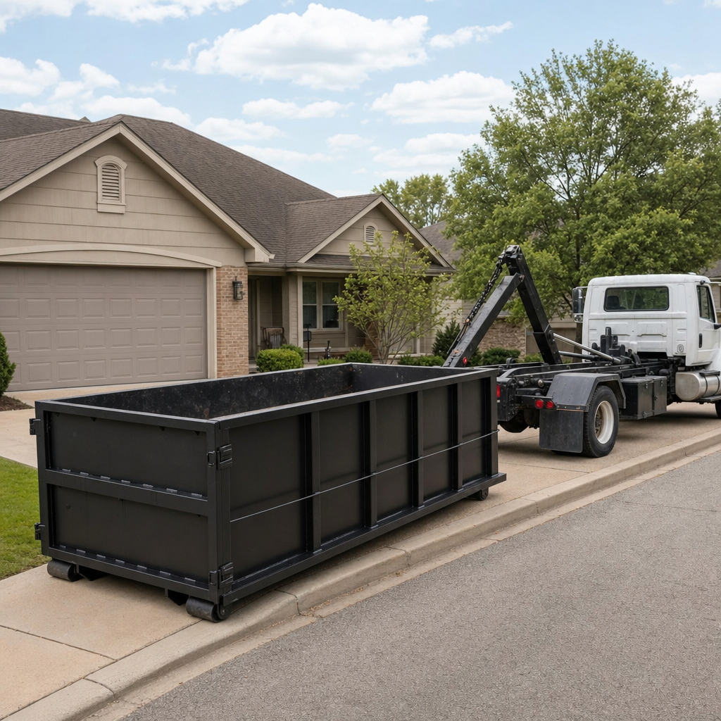 Wide documentary shot of a matte-black roll-off dumpster on a Chapel Hill residential driveway in the foreground and a contractor jobsite container in the soft-focus background, bright daylight, calm and orderly composition.